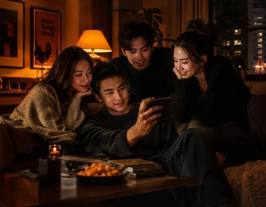 红果在线观看 - 随时随地免费追剧 观众使用红果在线观看 APP 一起观看短剧的场景
